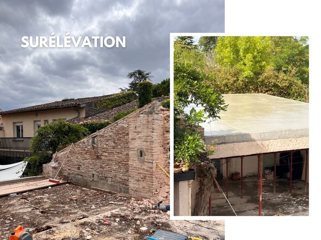 Travaux de surélévation d'une ruine avec plancher béton.