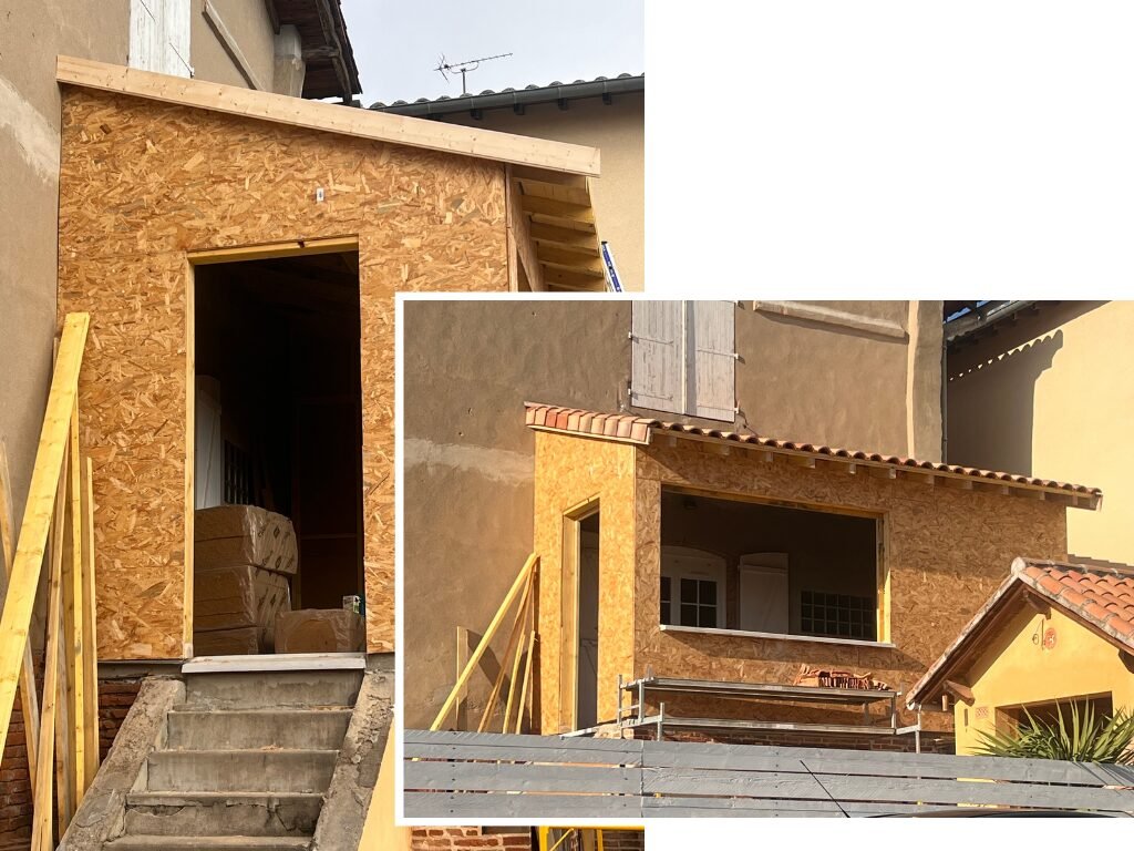 Agrandissement sur terrasse en ossature bois avec bardage en panneaux OSB.