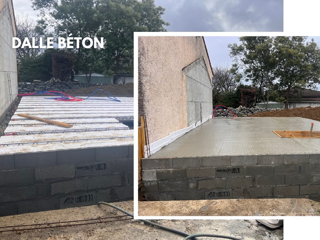 Réalisation d'un plancher béton avec marmites en polystyrène.