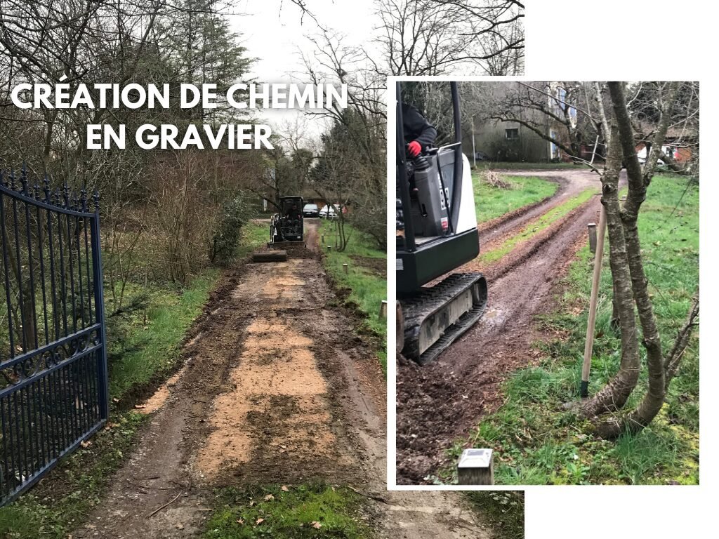 Création de chemin en gravier à l'aide d'une mini pelle.